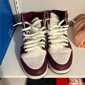White and Burgundy High-Top Sneakers